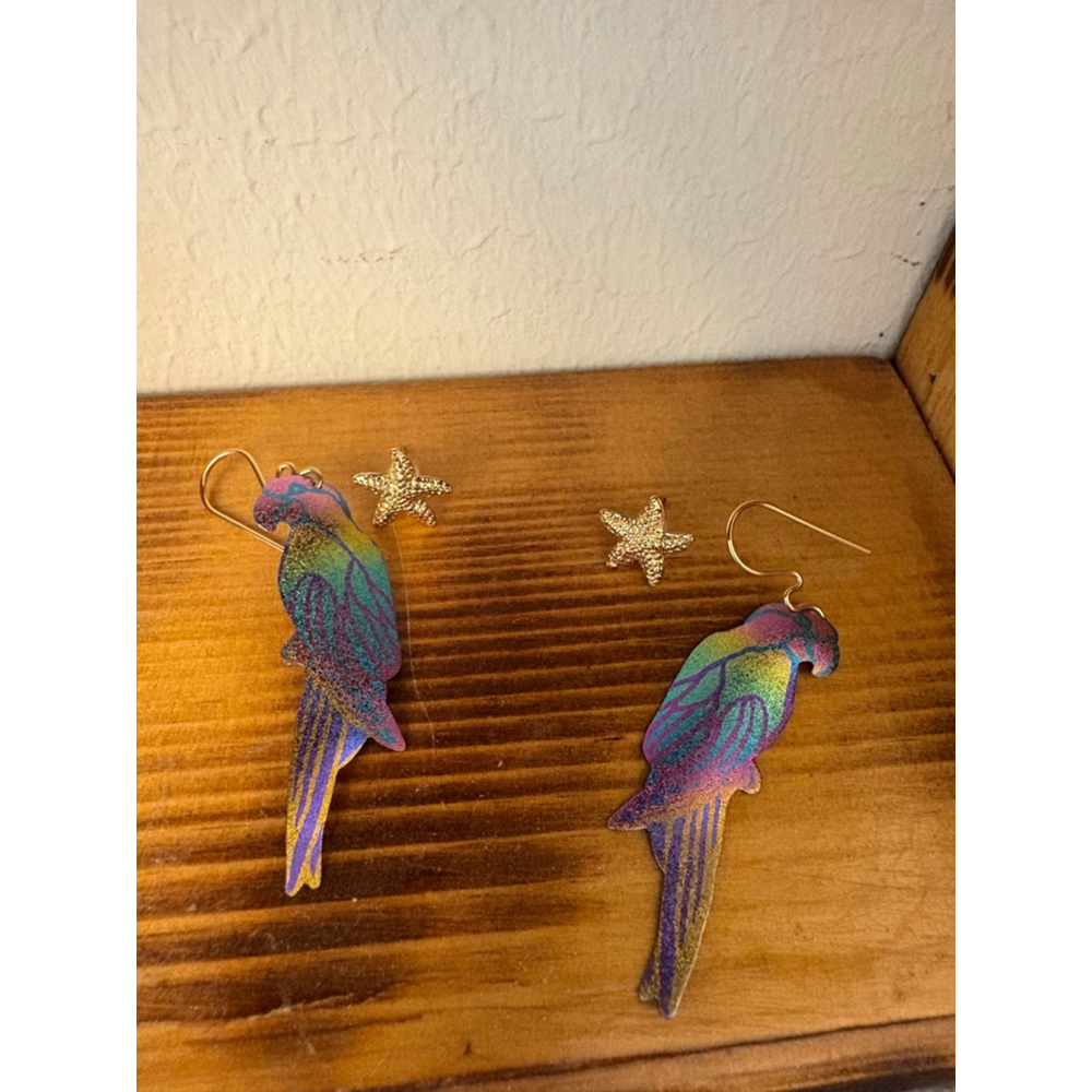 Tropical Parrot & Gold Starfish Earrings Colorful Dangle Set